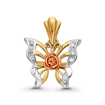 3gm Tricolor Gold 14K Real Cubic Zirconia Butterfly Charm Pendant 17X19mm